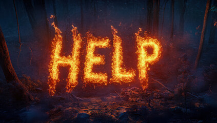 Fire ignites the word Help in a dark forest setting at night, eliciting a sense of urgency and emergency in nature