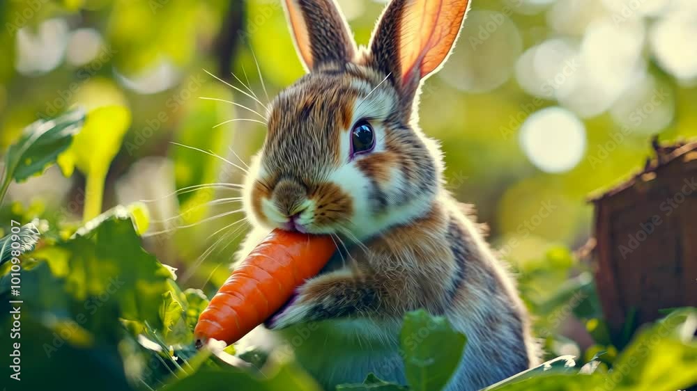 Poster a rabbit is eating a carrot in a green field