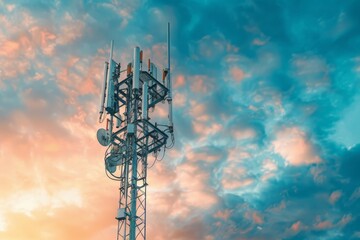 Telecommunication tower cellular. Macro Base Station. 5G radio network telecommunication equipment with radio modules and smart antennas mounted on metal against a clouds sky background