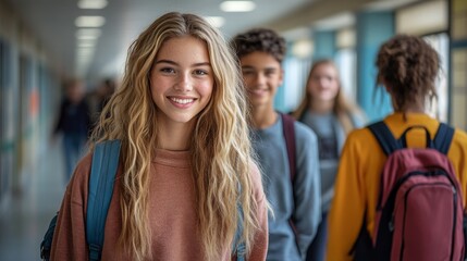 Fototapeta premium Group Of Friends Enjoying A Casual Walk Through School Hallway During Daytime