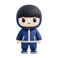 3D cartoon child character in a blue hoodie outfit, featuring a smiling face. Ideal for children's content and playful designs. Isolated on transparent background, png.