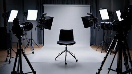 Empty chair in a studio surrounded by cameras, lights, and a clean background, showcasing a professional media environment.