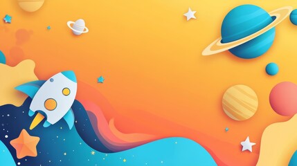 Fototapeta premium Colorful Space Rocket and Planets Background for Kids