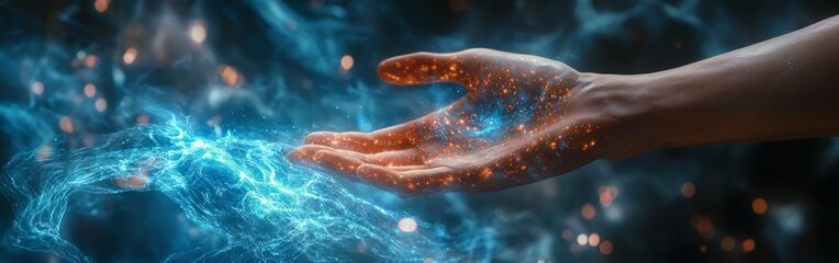 Fototapeta premium Futuristic Digital Hand with Glowing Particles and Abstract Technology Concept
