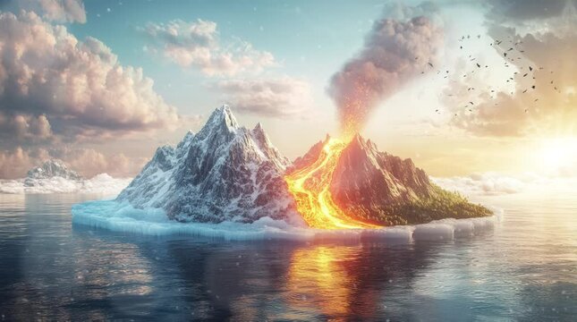 landscape of the meeting between icebergs and volcanoes on a small island in the middle of the sea. Virtual 4K video animation background with looping time lapse with very smooth graphics.
