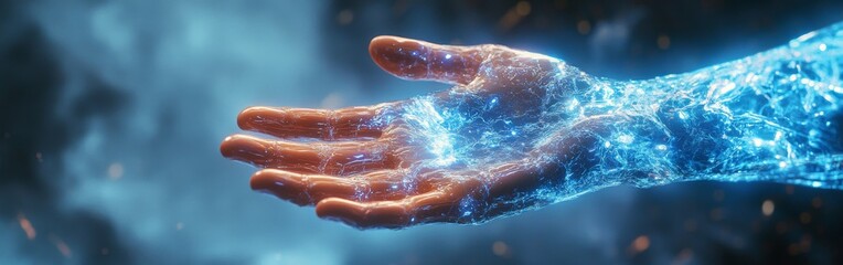 Fototapeta premium Futuristic Digital Hand with Glowing Particles and Abstract Technology Concept