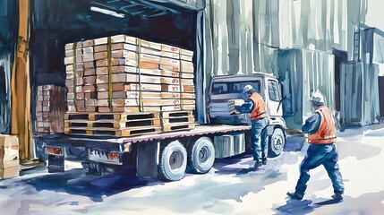 Naklejka premium Workers Loading Goods on a Truck.
