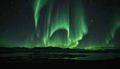 Fototapeta premium Beautiful aurora in the night sky, alien landscape in the north