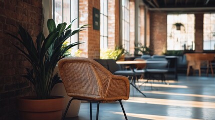 Fototapeta premium Empty chair in a cafe with sunlight shining through the windows