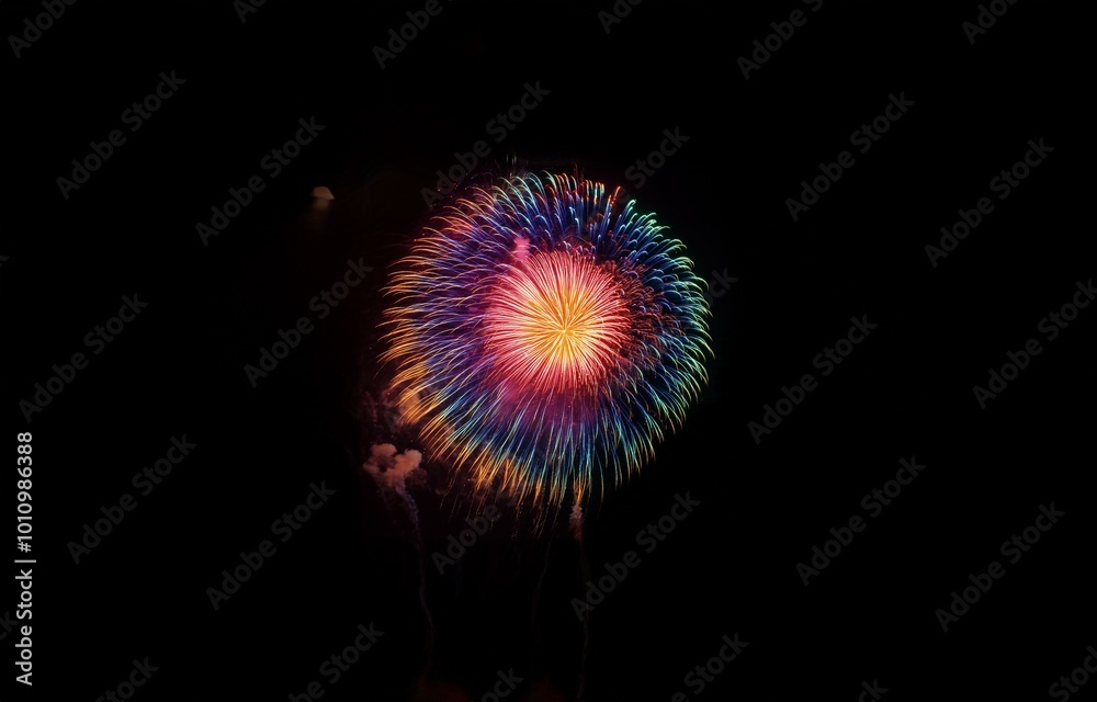 Poster A colorful firework explodes in a circular shape against a dark sky.