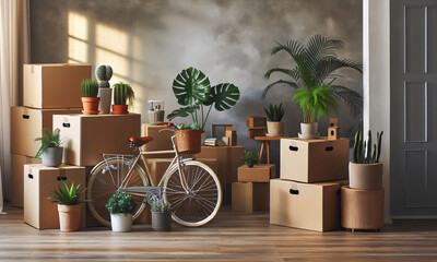 Wohnung mit vielen Kisten, Kartons, Interieur und Inventar. Umzugskonzept