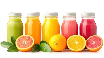 Colorful Fruit Juices in Bottles and Fresh Citrus Fruits