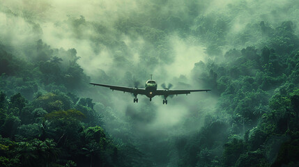 Naklejka premium A cinematic shot of airplane flying over above the misty forest