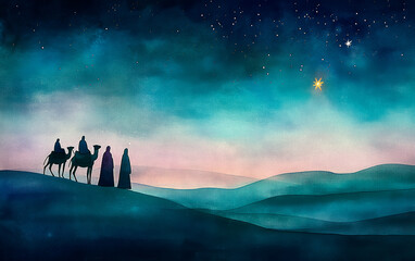 Naklejka premium Watercolor illustration of the three wise men for Christmas. Epiphany Bethlehem. Mary, Joseph and baby Jesus wallpaper.