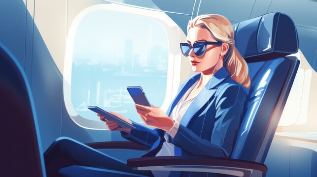 A poised businesswoman in an airplane seat, balancing technology and elegance, signifies modern ambition.