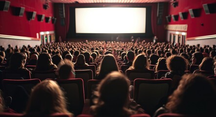 Naklejka premium Silhouetted Audience in Cinema Hall with Wide Blank Screen Showing Motion Picture
