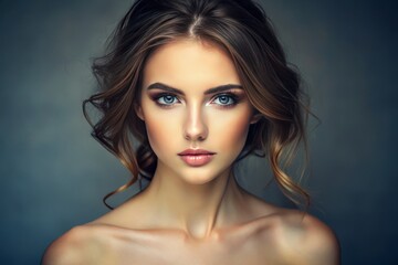 Fototapeta premium A striking young woman showcases her natural beauty with minimal makeup, bare shoulders, radiating confidence in a