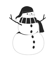 Cute snowman wearing scarf knitted hat black and white 2D line object. Wintertime leisure outdoor. Winter sculpture. Snow figure isolated clip art vector outline item. Monochromatic spot illustration