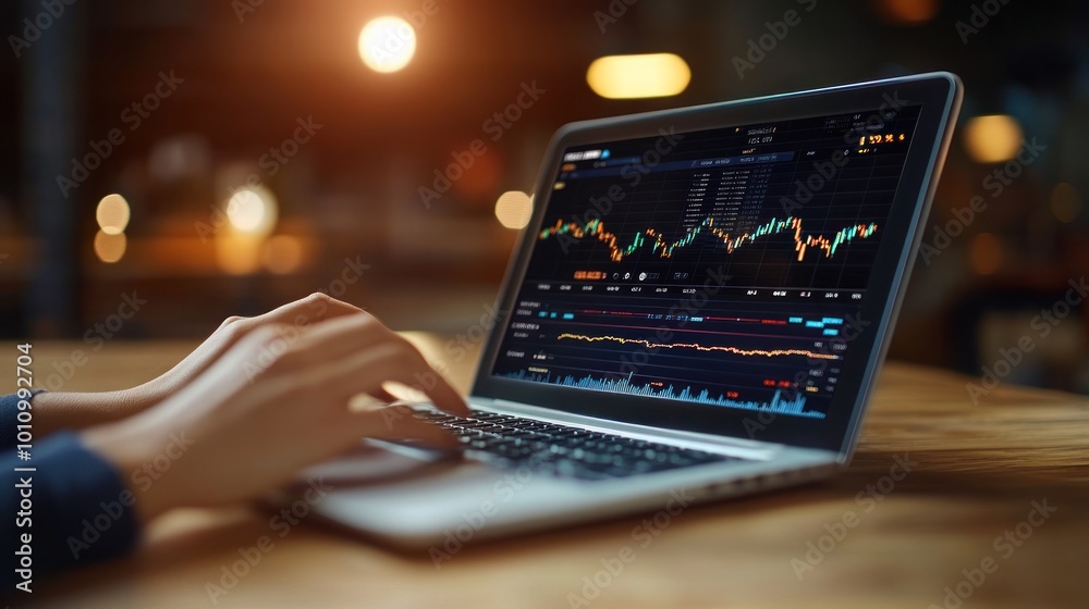 Poster Hands Typing on Laptop with Stock Market Data