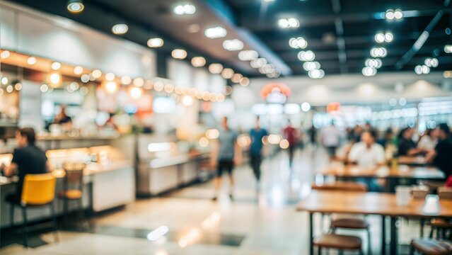 Food Court Blur: A blurred background of a bustling food court in a shopping mall, with various food stalls and seating areas.	 - Powered by Adobe
