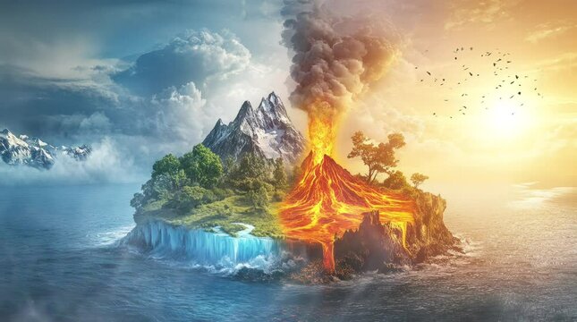 the border between icebergs and volcanoes on one island in the middle of the sea. Virtual 4K video animation background with looping time lapse with very smooth graphics.