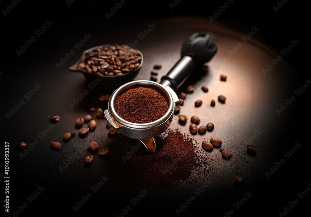 Poster ground coffee sits in a portafilter, ready to be used in a coffee machine. there are coffee beans sc