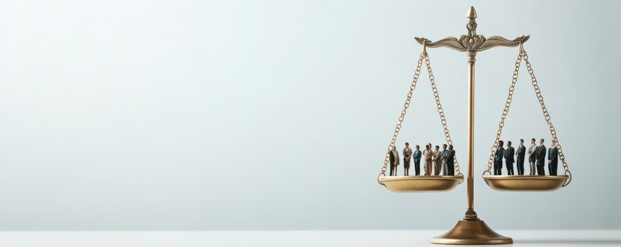 A conceptual representation of justice with a scale balancing miniature figures, symbolizing fairness and equality in society.