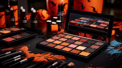 Halloween-themed makeup palette with brushes and festive decorations