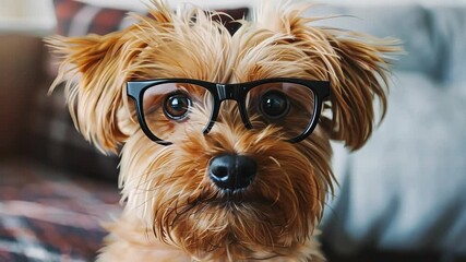 Intelligent brown yorkshire terrier wearing glasses
