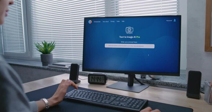 Adult woman types prompt in artificial intelligence chatbot on PC. Advanced AI image generator generate detailed high-quality photo portrait of sci-fi robot. AI generated image creation technology.