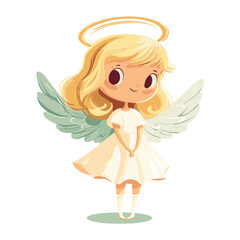 Cute angel with white hair and blue eyes, cartoon style, vector illustration on a solid background.