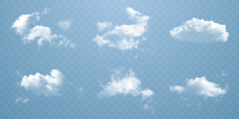 Realistic clouds on a transparent background. Volumetric 3D image of clouds in the sky. Transparent objects of smoke or fog. Vector image. EPS 10. 