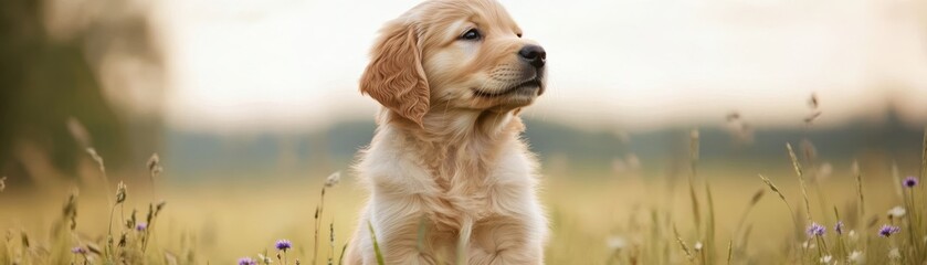 A cute golden retriever puppy sitting in a field, surrounded by tall grass and wildflowers, radiating joy and innocence.