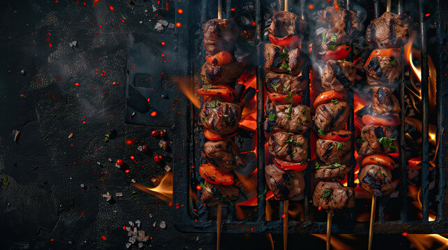 Grilled shish kebab with meat and vegetables in a barbeque grill