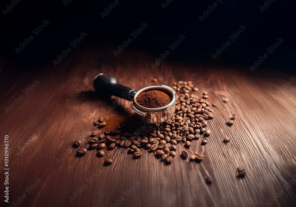 Poster coffee grounds in a portafilter with beans scattered on a wood surface.
