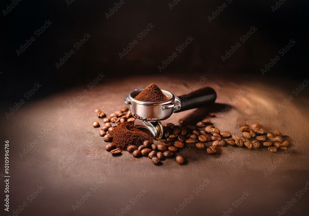 Poster coffee grounds in a portafilter surrounded by beans on a brown background.