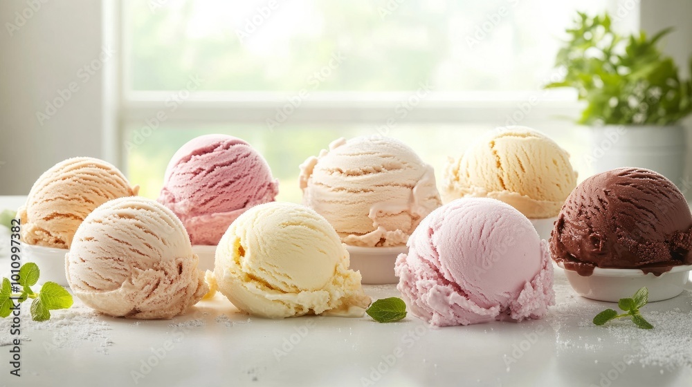 Wall mural assorted flavors of creamy italian ice cream, displayed with elegance, clear window letting in soft 