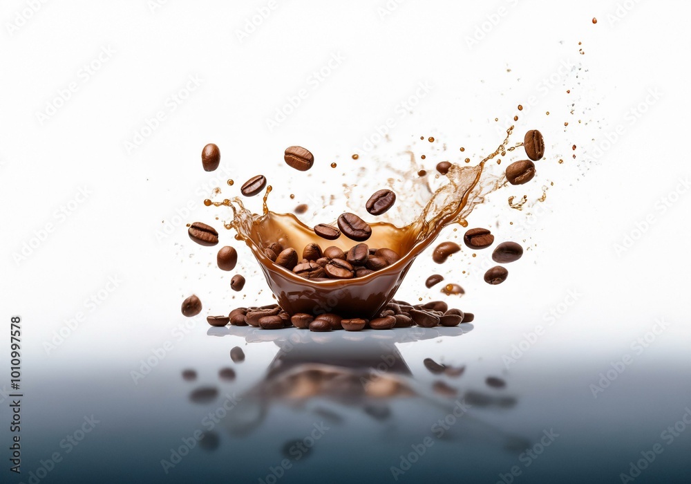 Poster coffee beans splash in a wave of brown liquid, creating an abstract design.