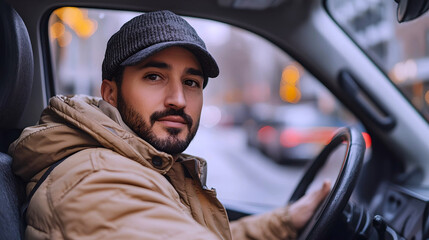 Man driving in city wearing cap and jacket
