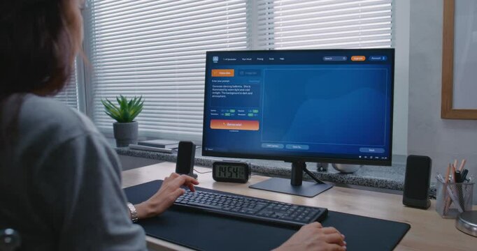Adult woman types prompt in AI video generator on computer. PC screen shows artificial intelligence chatbot generating detailed high-quality video of dancing ballerina. AI video creation technology.