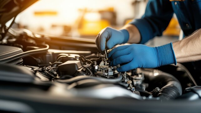A mechanic works on an engine, showcasing automotive repair and maintenance in a well-lit garage environment.