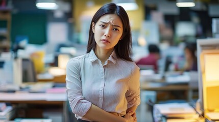 A young woman with dark hair and a serious expression is standing in an office. She is wearing a light pink shirt and has her arms crossed. The office is blurry in the background.