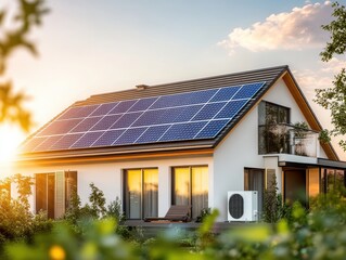 Fototapeta premium A modern home equipped with solar panels, showcasing renewable energy and sustainability in a beautiful sunset landscape.