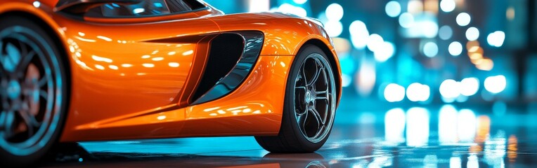 Sleek Orange Sports Car with Chrome Wheels at Luxury Auto Show