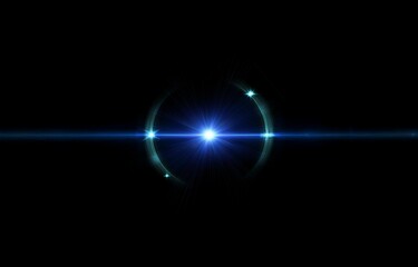 Obraz premium A bright blue light shines in the center of a black background, surrounded by radiating lines and a faint blue circle.