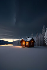 Winter landscape Sweden lapland Night. Winter landscape with cabin hut over frozen lake at night