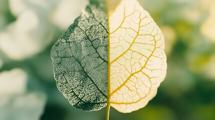 Obraz premium Close-up of leaf veins, centrally divided into two equal halves, half green and half yellow.