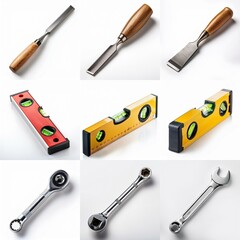 A set of tools featuring chisels with wood handles, levels, and wrenches.