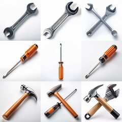 Fototapeta premium Various tools are laid out on a white background, including wrenches, hammers, and screwdrivers.
