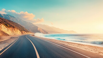 A stunning coastal road at sunrise, surrounded by majestic mountains and the sparkling ocean. Perfect for travel and nature enthusiasts seeking tranquility.